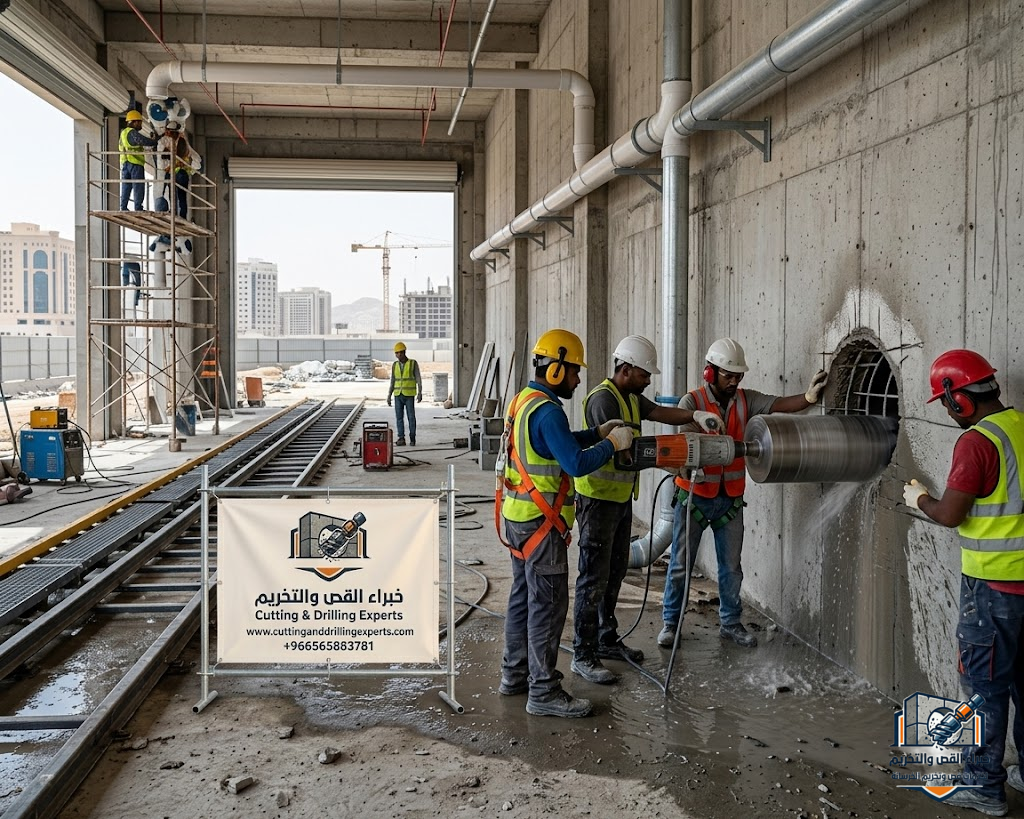 فتح كور مكة المكرمة بدقة عالية بدون تكسير باستخدام أحدث أجهزة الكور درل لعمل فتحات المكيفات والمصاعد والسباكة والكهرباء